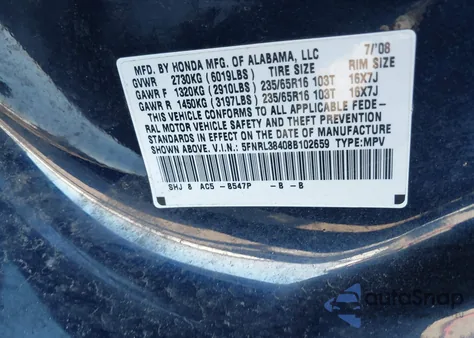 2008 Honda Odyssey Ex z USA, uszkodzony, nr VIN 5FNRL38408B102659